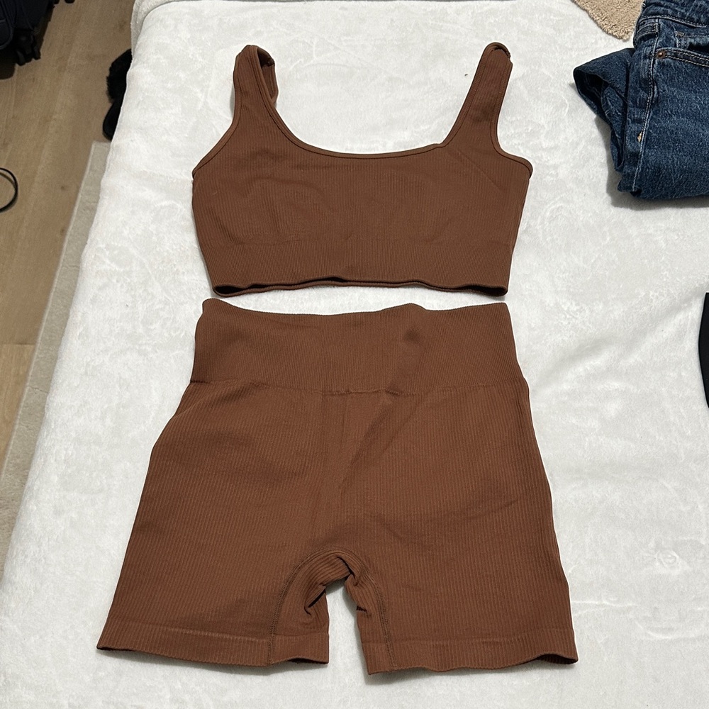 Brown Ribbed Tank and Shorts Set